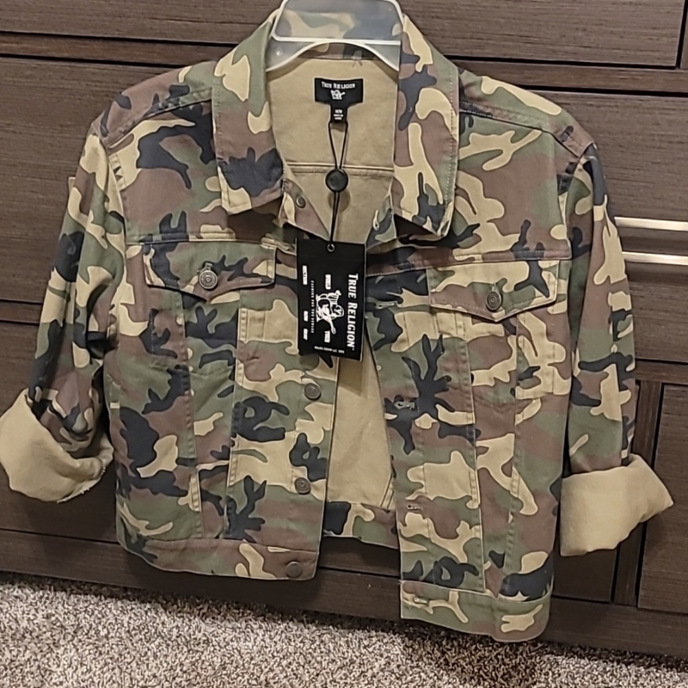 True Religion shrunken trucker camo jacket